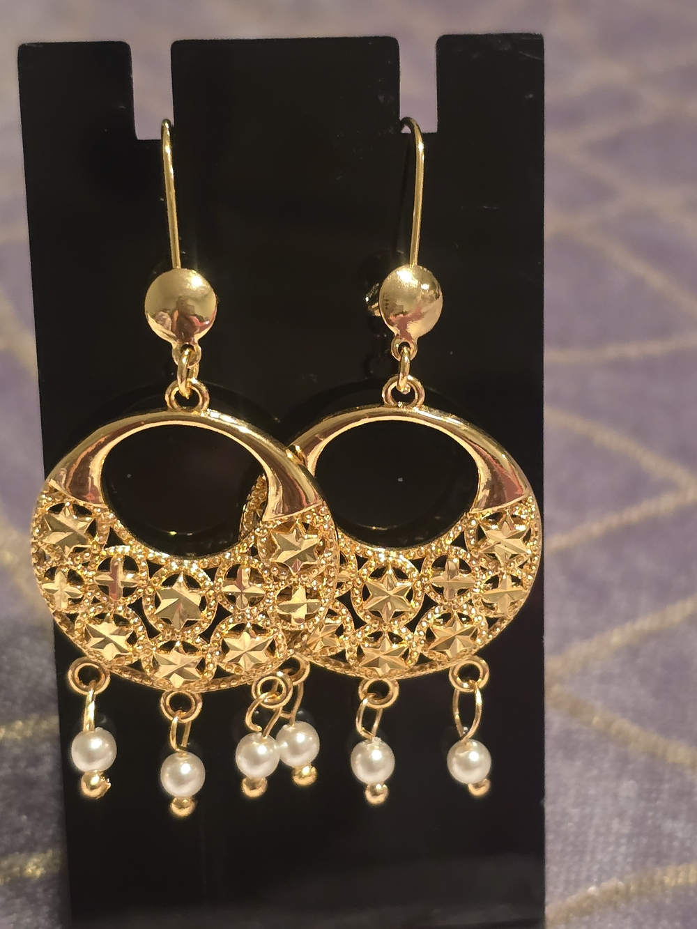22kgp Dubai Jewelry Gold Filigree Hoop Earrings with Pearl Drops - Women Jewelry